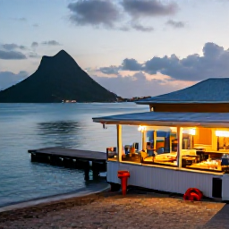 Caribbean Holidays, Saint Vincent Beaches, A friendly waterfront restaurant on Saint Vincent at dusk, serving fresh seafood beside a calm bay with soft evening light