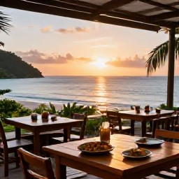 Caribbean Holidays, Saint Vincent Beaches, A relaxed beachfront restaurant on Saint Vincent at sunset, with local Caribbean food, wooden tables and views across the sea
