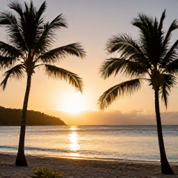 Caribbean Holidays, Saint Vincent Beaches, A relaxed sunset scene on a Caribbean beach in Saint Vincent and the Grenadines, with palm silhouettes, calm sea and warm evening light