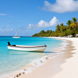 Caribbean Holidays, Saint Vincent Beaches, A small boat approaching a secluded beach on Bequia in the Grenadines, with bright turquoise water, white sand, palm trees and sailing boats offshore
