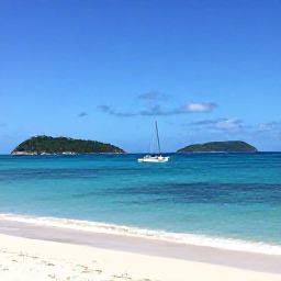 Caribbean Holidays, Saint Vincent Beaches, A small boat sailing between the green islands of the Grenadines under a clear blue sky, with turquoise sea and a peaceful Caribbean atmosphere