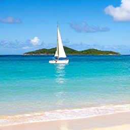Caribbean Holidays, Saint Vincent Beaches, A small sailing boat travelling through clear Caribbean water near the Grenadine islands, with sunny skies and green islands beyond