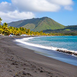 Caribbean Holidays, Saint Vincent Beaches, A wide, quiet Caribbean beach on Saint Vincent with black volcanic sand, turquoise water, palm trees and green mountains in the background