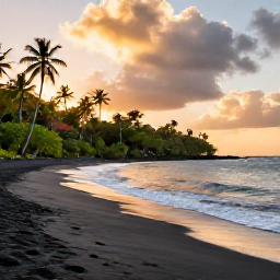 Caribbean Holidays, Saint Vincent Beaches, Black volcanic sand beach at sunset on Saint Vincent, with green tropical vegetation and gentle waves along the shore
