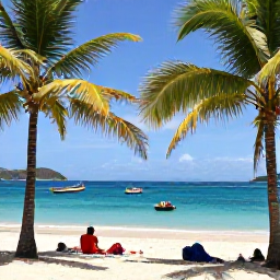 Caribbean Holidays, Saint Vincent Beaches, Travellers relaxing on a peaceful sandy beach near Kingstown, Saint Vincent, with clear blue sea, shady palms and colourful fishing boats
