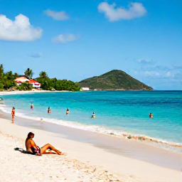 Caribbean Holidays, Saint Vincent Beaches, Travellers swimming and relaxing at a beautiful Caribbean beach in Saint Vincent during sunny June weather