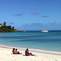 Caribbean Holidays, Saint Vincent Beaches, Visitors relaxing on Villa Beach near Kingstown, with calm blue water, small boats and Bequia visible across the bay