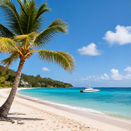 Caribbean Holidays, Saint Vincent Business Class, A peaceful beach on Saint Vincent with palm trees, turquoise water and a small boat offshore in July sunshine