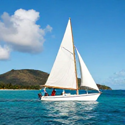 Caribbean Holidays, Saint Vincent Business Class, A small sailing boat travelling between the palm-fringed islands of the Grenadines under a clear Caribbean sky
