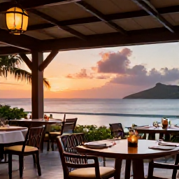 Caribbean Holidays, Saint Vincent Business Class, An elegant open-air restaurant overlooking the sea in Saint Vincent and the Grenadines at sunset