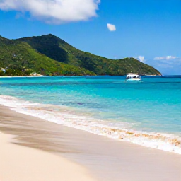 Caribbean Holidays, Saint Vincent Business Class, Bright tropical beach on Saint Vincent with calm turquoise water, green hills and a small boat offshore