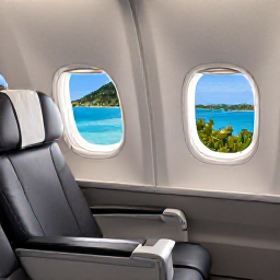 Caribbean Holidays, Saint Vincent Business Class, Business class aircraft cabin with spacious seats, Caribbean travel details and a view of tropical islands through the window