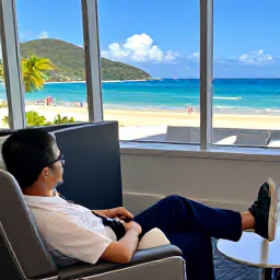 Caribbean Holidays, Saint Vincent Business Class, Business class passenger relaxing in a comfortable airport lounge before a flight to Saint Vincent, Caribbean travel scene