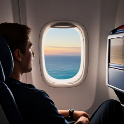 Caribbean Holidays, Saint Vincent Business Class, Business class traveller relaxing in a comfortable aircraft seat with a view of the Caribbean at sunrise