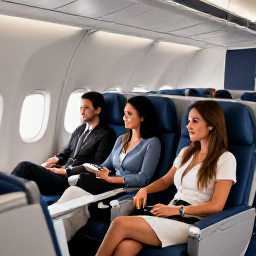 Caribbean Holidays, Saint Vincent Business Class, Business class travellers relaxing in a comfortable aircraft cabin before flying to Saint Vincent and the Grenadines