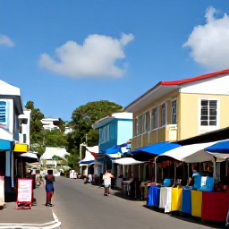 Caribbean Holidays, Saint Vincent Business Class, Colourful Kingstown street with local market stalls, historic buildings and visitors exploring Saint Vincent