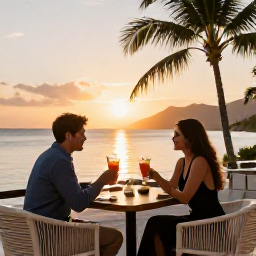 Caribbean Holidays, Saint Vincent Business Class, Couple enjoying sunset drinks at a stylish Caribbean waterfront restaurant with palm trees and calm sea