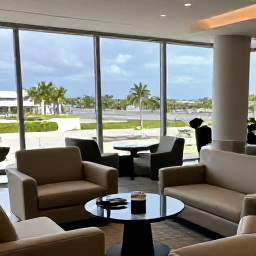 Caribbean Holidays, Saint Vincent Business Class, Elegant airport lounge with comfortable seating, refreshments and large windows overlooking a tropical Caribbean airport
