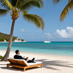 Caribbean Holidays, Saint Vincent Business Class, Elegant beachside resort with palm trees, calm turquoise water and a business class traveller enjoying a May holiday