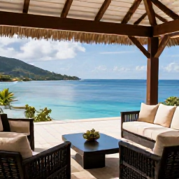Caribbean Holidays, Saint Vincent Business Class, Elegant Caribbean resort terrace overlooking calm blue sea in Saint Vincent and the Grenadines, comfortable holiday setting