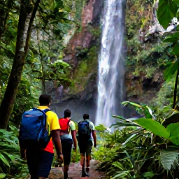 Caribbean Holidays, Saint Vincent Business Class, Hikers walking through tropical rainforest towards a waterfall on Saint Vincent
