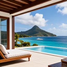 Caribbean Holidays, Saint Vincent Business Class, Luxury villa terrace overlooking blue Caribbean sea and green islands in Saint Vincent and the Grenadines