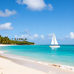 Caribbean Holidays, Saint Vincent Business Class, Small sailing boat approaching turquoise water and a quiet palm-fringed beach in the Grenadines under a bright August sky