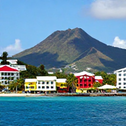Caribbean Holidays, Saint Vincent Business Class, Sunny waterfront in Kingstown, Saint Vincent, with colourful buildings, palm trees and Caribbean mountains in the background