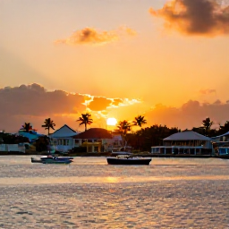 Caribbean Holidays, Saint Vincent Business Class, Sunset over a calm Caribbean bay with small boats, palm trees and colourful waterfront buildings in Saint Vincent and the Grenadines