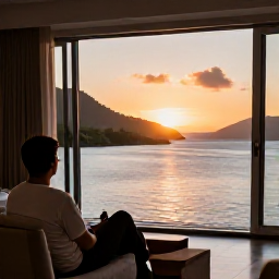 Caribbean Holidays, Saint Vincent Business Class, Traveller enjoying a scenic sunset from a comfortable waterfront hotel in Saint Vincent and the Grenadines