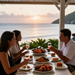 Caribbean Holidays, Saint Vincent Business Class, Travellers dining at a relaxed seaside restaurant in Saint Vincent and the Grenadines, with fresh seafood and sunset views