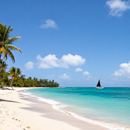 Caribbean Holidays, Saint Vincent Carnival, Clear turquoise sea, palm-fringed beach and a small sailing boat near the Grenadine islands of Saint Vincent and the Grenadines