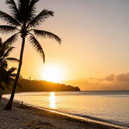 Caribbean Holidays, Saint Vincent Carnival, Golden sunset over a calm Caribbean beach on Saint Vincent, with palm trees and a relaxed evening atmosphere