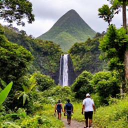 Caribbean Holidays, Saint Vincent Carnival, Hikers walking through lush rainforest towards a waterfall in Saint Vincent, with dramatic green hills in the background