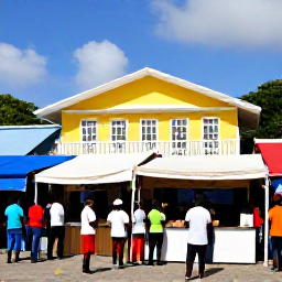 Caribbean Holidays, Saint Vincent Carnival, Visitors enjoying a relaxed cultural festival atmosphere beside colourful buildings and market stalls in Kingstown, Saint Vincent