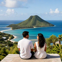 Caribbean Holidays, Saint Vincent Couples Holidays, A happy couple enjoying a quiet scenic viewpoint over green Caribbean islands and blue sea