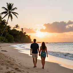 Caribbean Holidays, Saint Vincent Couples Holidays, A relaxed couple walking hand in hand along a quiet tropical beach on Saint Vincent at sunset