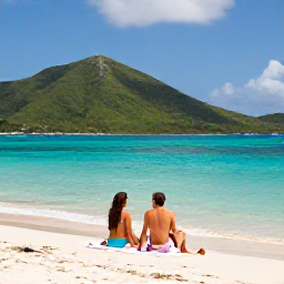 Caribbean Holidays, Saint Vincent Couples Holidays, Couple relaxing on a secluded Caribbean beach with turquoise water and green hills in the background