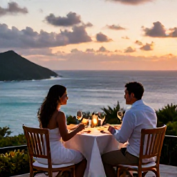 Caribbean Holidays, Saint Vincent Couples Holidays, Romantic outdoor dinner for two overlooking the Caribbean sea in Saint Vincent at dusk