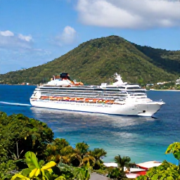 Caribbean Holidays, Saint Vincent Cruises, A cruise ship approaching the lush green coastline and blue waters of Saint Vincent and the Grenadines in bright Caribbean sunshine
