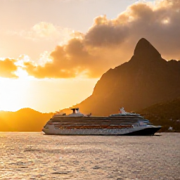 Caribbean Holidays, Saint Vincent Cruises, Golden sunset over a cruise ship sailing past the mountainous islands of Saint Vincent and the Grenadines