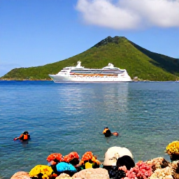 Caribbean Holidays, Saint Vincent Cruises, Sailing boat on calm Caribbean water near green islands, with snorkellers exploring a colourful coral reef