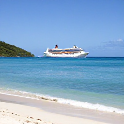 Caribbean Holidays, Saint Vincent Cruises, Sandy tropical beach and calm turquoise sea on a Grenadine island, with a small sailing boat offshore