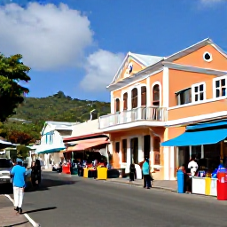 Caribbean Holidays, Saint Vincent Culture, Colourful street scene in Kingstown, Saint Vincent, with local people, market stalls and historic Caribbean buildings