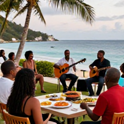 Caribbean Holidays, Saint Vincent Culture, Relaxed evening gathering in Saint Vincent with local musicians performing Caribbean music while visitors enjoy food by the sea