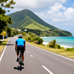 Caribbean Holidays, Saint Vincent Cycling, A cyclist riding along a quiet coastal road beside turquoise Caribbean water on Saint Vincent, with green hills and tropical vegetation