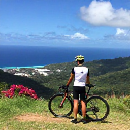 Caribbean Holidays, Saint Vincent Cycling, Cyclist stopping at a viewpoint above lush rainforest and the Caribbean coastline on Saint Vincent