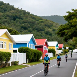 Caribbean Holidays, Saint Vincent Cycling, Road cyclists passing colourful Caribbean houses and lush vegetation on a scenic road near Kingstown, Saint Vincent