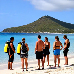 Caribbean Holidays, Saint Vincent Diving, A friendly scuba instructor briefing a small group of holidaymakers beside a tropical Caribbean beach