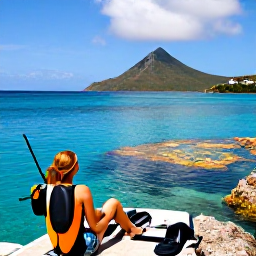 Caribbean Holidays, Saint Vincent Diving, A relaxed diver looking towards a colourful reef in calm turquoise water near a Caribbean island